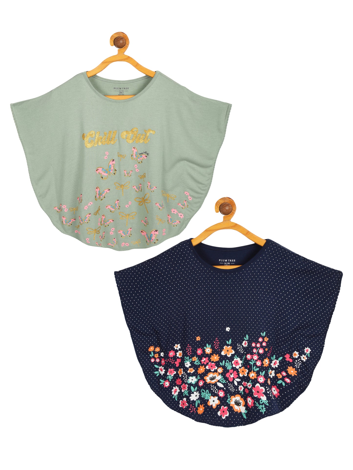 Girls Set of 2 printed Soft Rayon Poncho T-shirts-GREEN NAVY