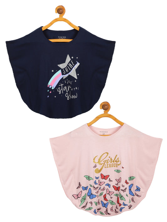 Girls Set of 2 printed Soft Rayon Poncho T-shirts-TRUE NAVY SOFT PINK