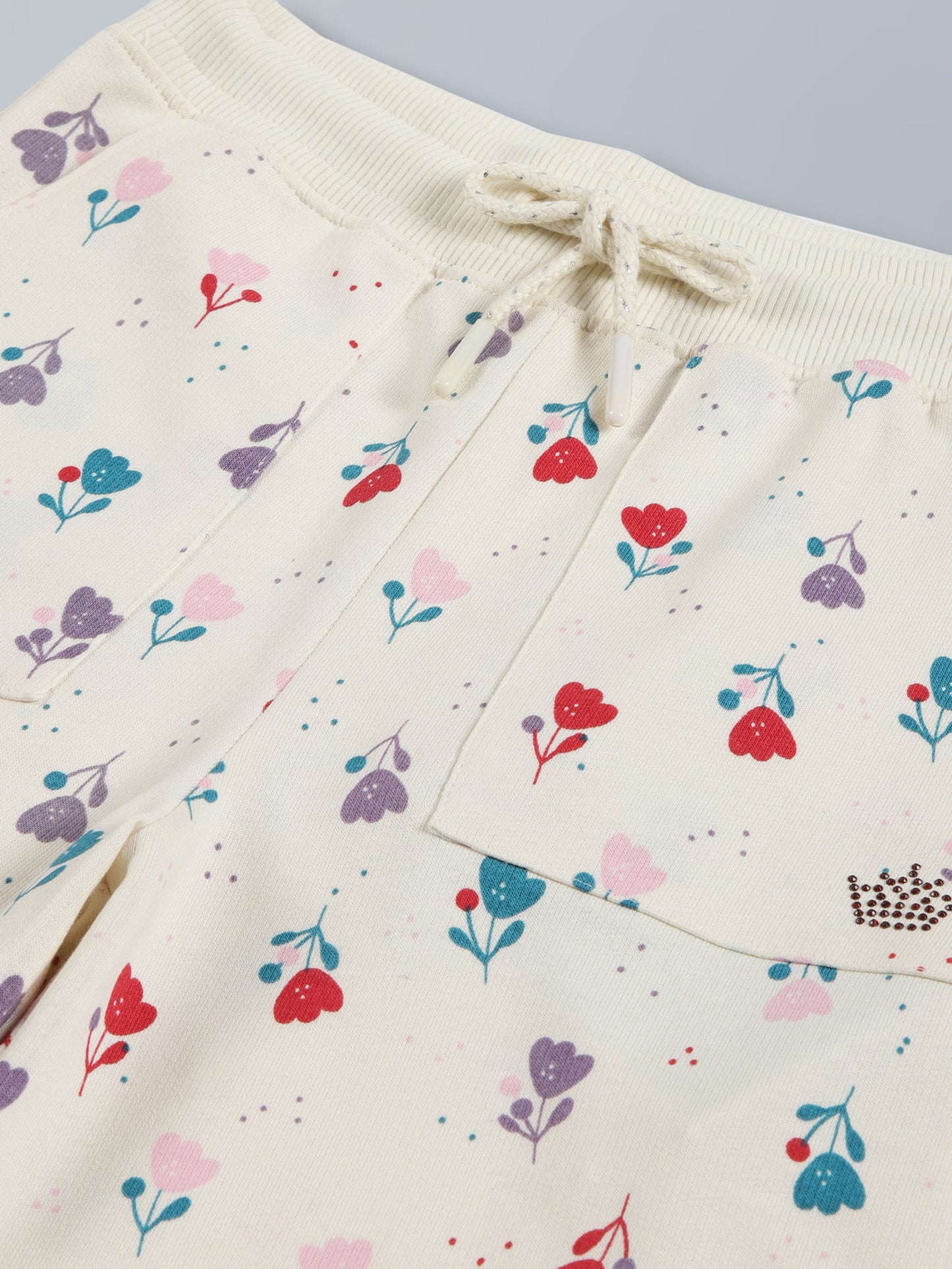 Glitter Printed Round Neck Pullover Sweatshirt and Printed Jogger set- Off White