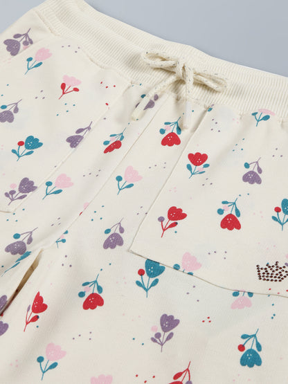 Glitter Printed Round Neck Pullover Sweatshirt and Printed Jogger set- Off White