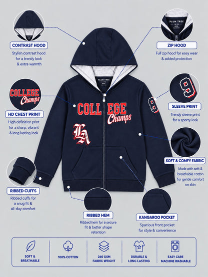 Boys Premium Soft Cotton Full Zipper Printed Hooded Sweatshirt