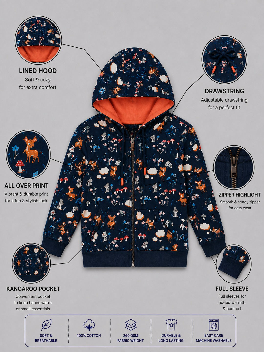 Girls Premium Soft cotton Full Zipper Printed Hooded Sweatshirt
