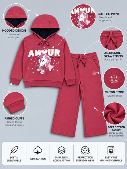 Girls Premium Soft Cotton Hooded Sweatshirt and Wide Leg Pant Set