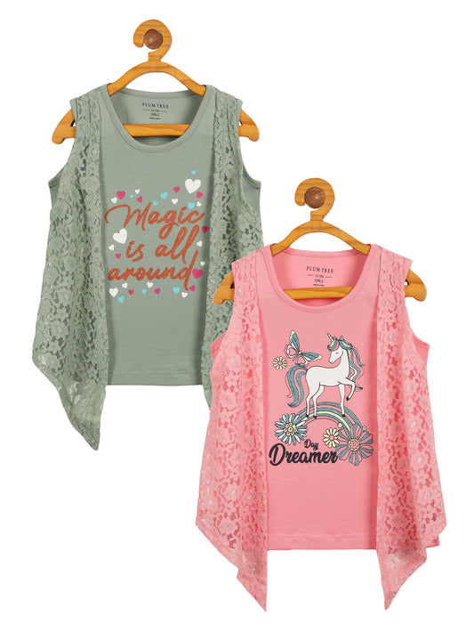 Girls Set of 2 printed pure cotton Sleeveless T-shirts attached with Lace Shrug-CORAL GREEN