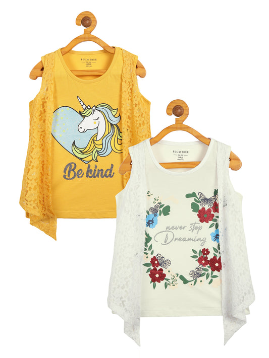 Girls Set of 2 printed pure cotton Sleeveless T-shirts attached with Lace Shrug-PEARL WHITE YELLOW