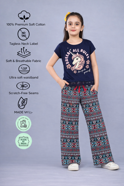 Girls Premium Cotton Crop Top with lace and Wide Leg Pant Set1.Round neck 2. Crop Top With Lace T-shirt  3.Gilter Printed 4. Sleveeless T-shirt 5.Wide Leg pant with Self Fabric Elasticated at waist  6.Lurex Drawcard with plastic tipping 7 .All Over Print