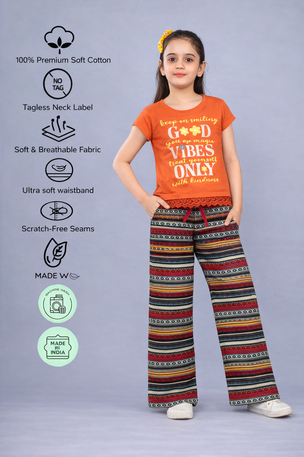 Girls Premium Cotton Crop Top with lace and Wide Leg Pant Set
