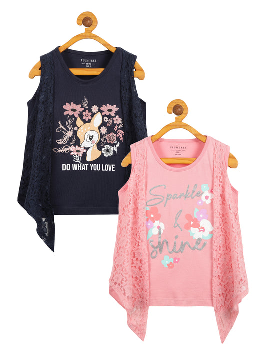 Girls Set of 2 printed pure cotton Sleeveless T-shirts attached with Lace Shrug-CORAL NAVY