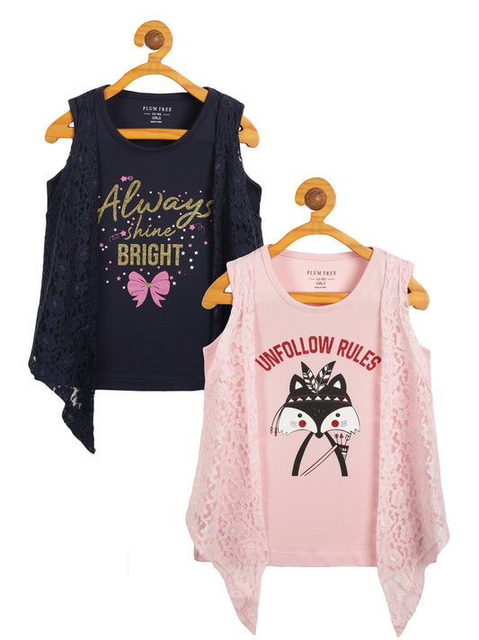 Girls Set of 2 printed pure cotton Sleeveless T-shirts attached with Lace Shrug-PINK NAVY