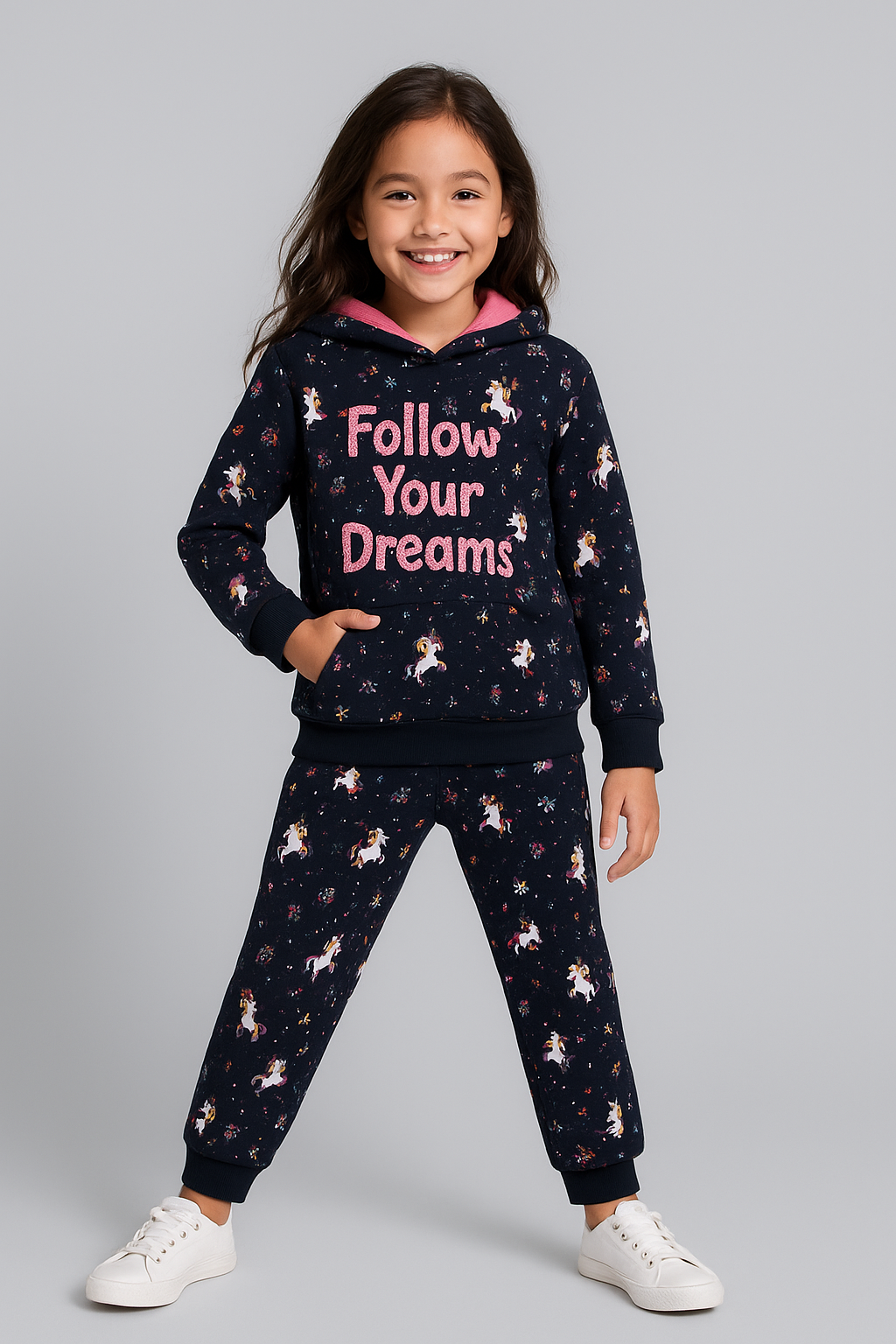 Unicorn Printed Hoodie Sweatshirt and Printed Jogger set- Navy