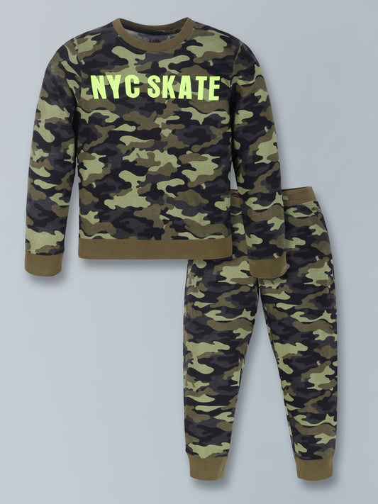 Plum Tree Boys 100% Cotton Camoflague Print Full Sleeve T-Shirt and Jogger Lounge 2-Piece Set