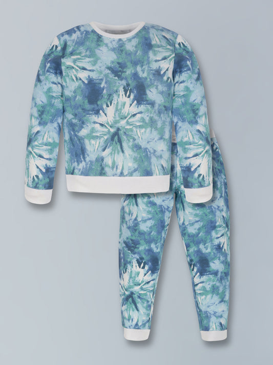 Plum Tree Girls 100% Cotton Marble Print Full Sleeve T-Shirt and Jogger Lounge 2-Piece Set