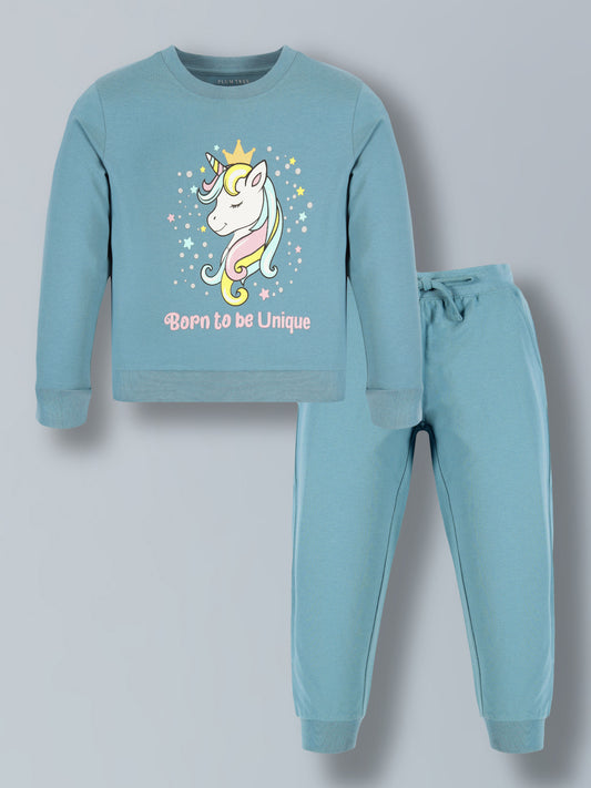 Plum Tree Girls  100% Cotton Unicorn Print Full Sleeve T-Shirt and Jogger Lounge Track Pant ( Set)