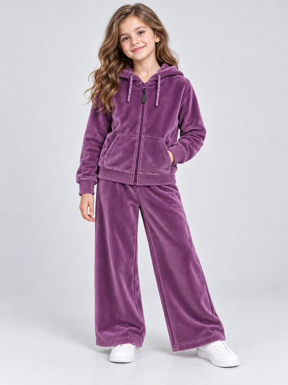 Girls Premium Velour Full Zipper Hooded Sweatshirt and Wide Leg Pant Set