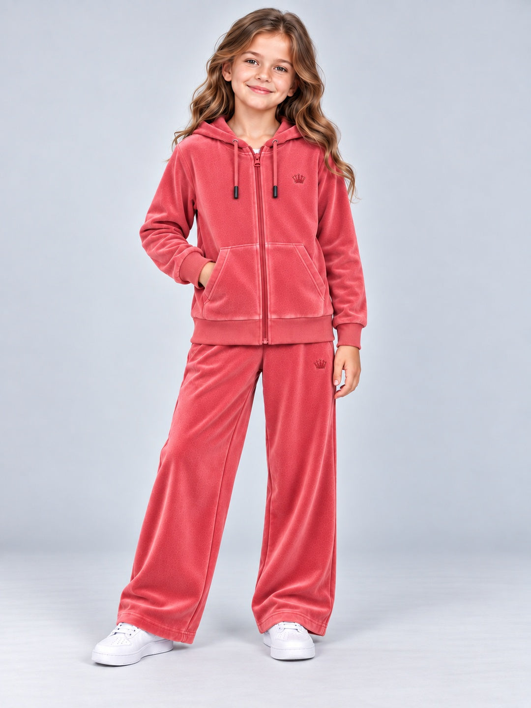 Girls Premium Velour Full Zipper Hooded Sweatshirt and Wide Leg Pant Set