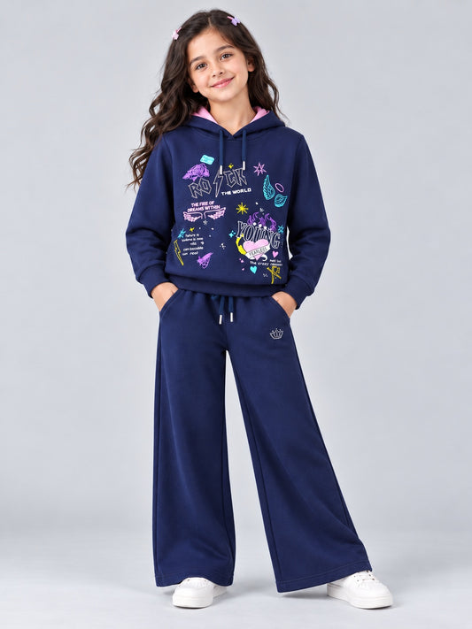 Girls Premium Soft Cotton Hooded Sweatshirt and Wide Leg Pant Set