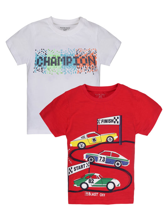 Plum Tree Boys Half Sleeve Champion Print T-shirt( Pack of 2)-RED	WHITE