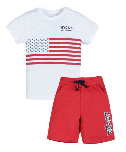 Plum Tree Boys Half Sleeve USA Print T-shirt & Shorts ( Sets)-WHITE	RED