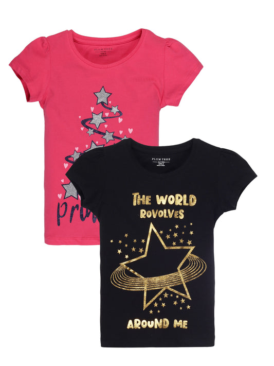 Plum Tree Girls Half Sleeve Star Print T-shirt( Pack of 2)-BLACK DARK PINK