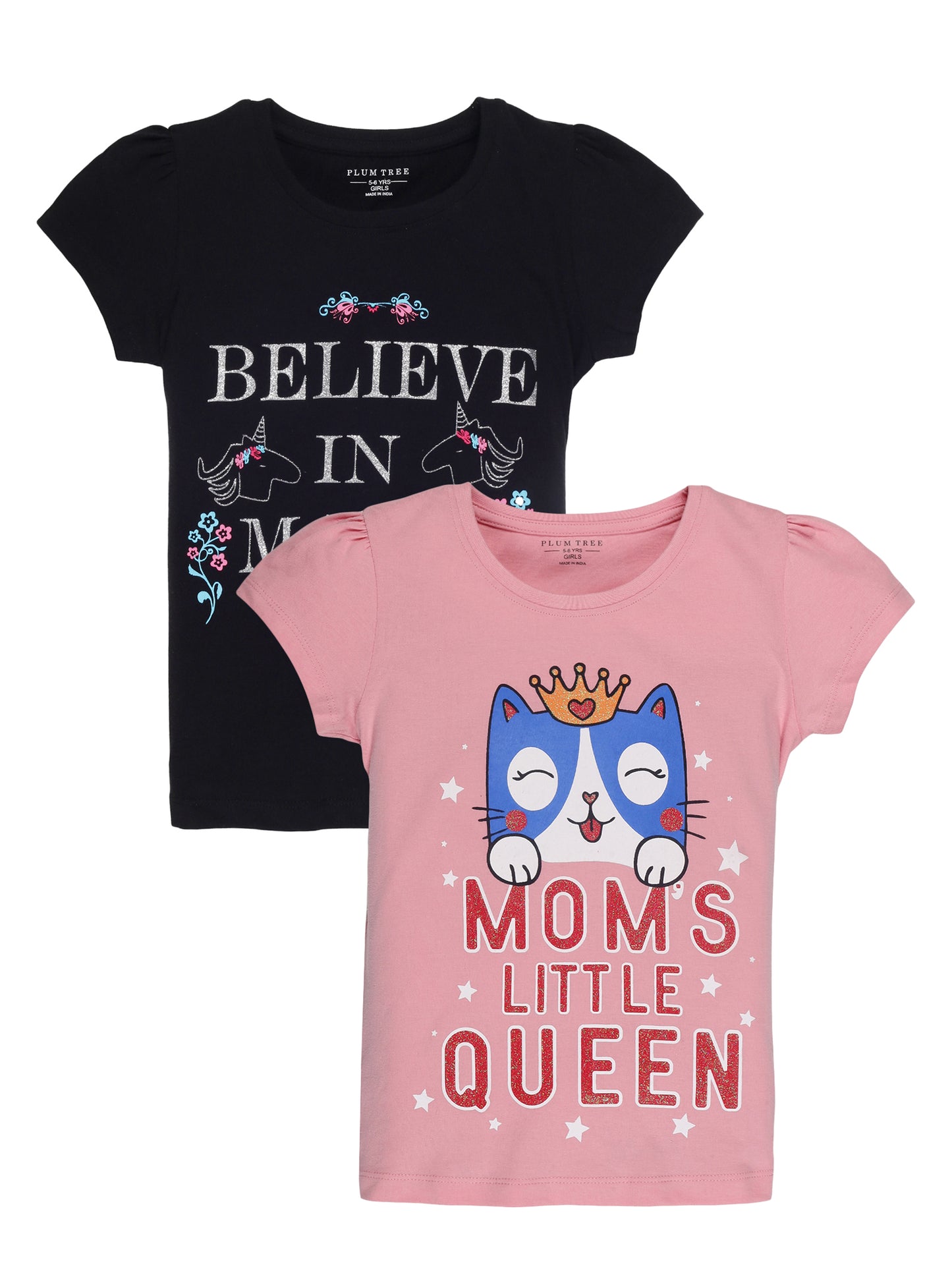 Plum Tree Girls Half Sleeve Cat Print T-shirt( Pack of 2)- PINK BLACK