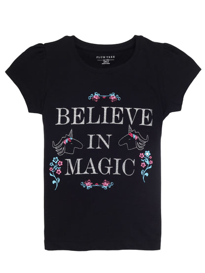 Plum Tree Girls Half Sleeve Cat Print T-shirt( Pack of 2)- PINK BLACK