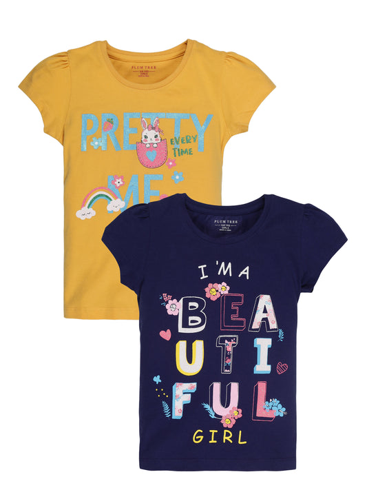 Plum Tree Girls Half Sleeve Rainbow Print T-shirt( Pack of 2)- NAVY YELLOW
