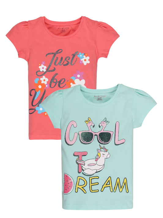 Plum Tree Girls Half Sleeve Flower Print T-shirt( Pack of 2)-DARK ORANGE LIGHT BLUE