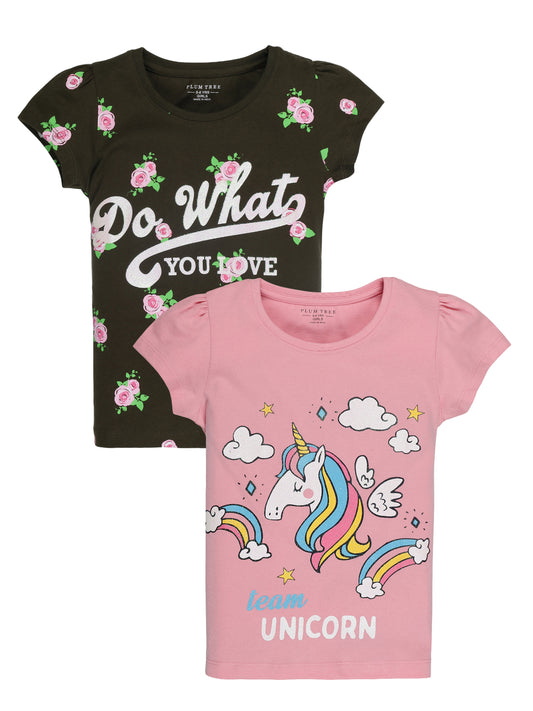 Plum Tree Girls Half Sleeve Unicorn Print T-shirt( Pack of 2)- PINK  OLIVE GREEN