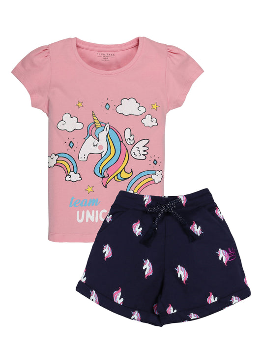 Plum Tree Girls Half Sleeve Unicorn Print T-shirt and short( Sets)-PINK NAVY