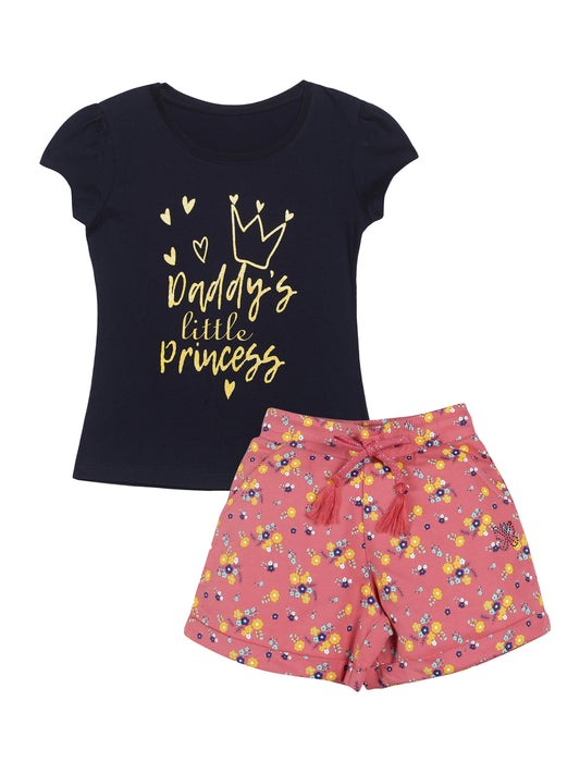 Plum Tree Girls Half Sleeve Little princess Print T-shirt and short( Sets)-BLACK DARK ORANGE