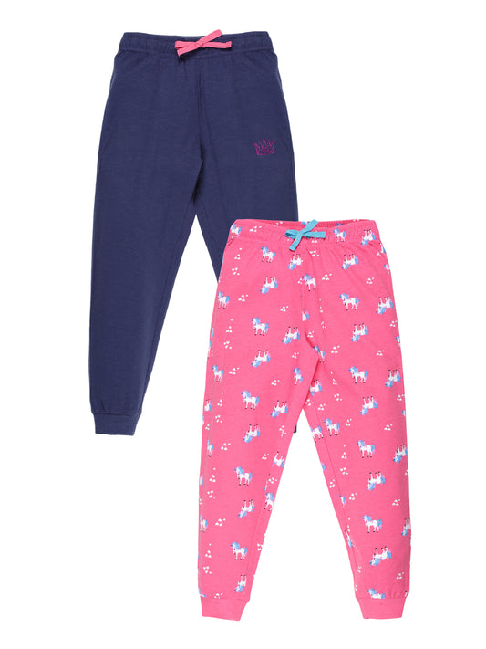 Plum Tree Girls  Printed and solid Joggers( Pack of 2)-DARKPINK  NAVY