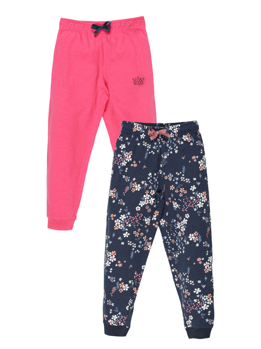 Plum Tree Girls  Printed and solid Joggers( Pack of 2)-NAVY DARK PINK