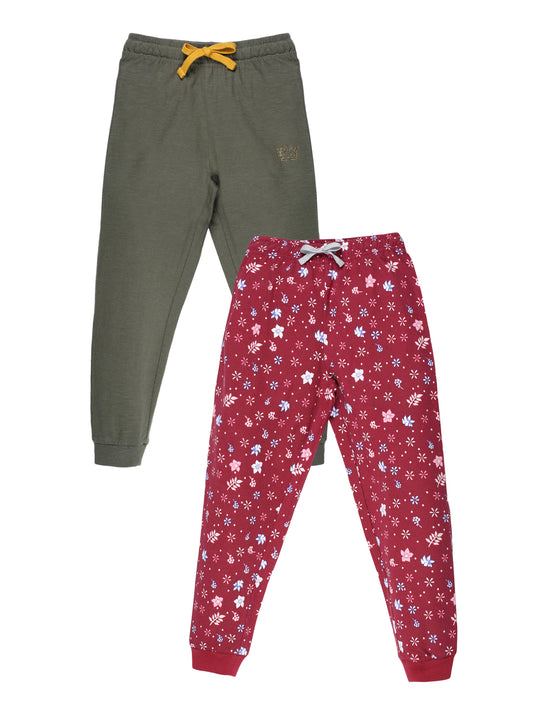 Plum Tree Girls  Printed and solid Joggers( Pack of 2)-DARK RED   OLIVE GREEN