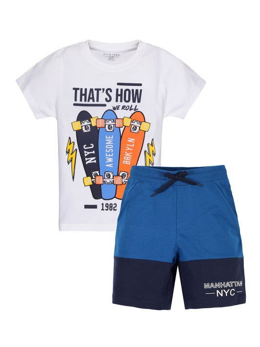 Plum Tree Boys Half Sleeve Skate Print T-shirt & Shorts ( Sets)-WHITE COBALT