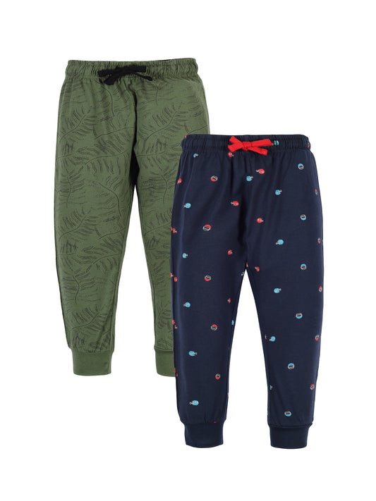 Plum Tree Boys Leaf Print Joggers ( Pack of 2)-NAVY OLIVE