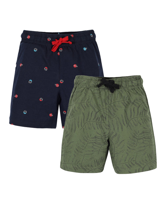 Plum Tree Boys Leaf Print shorts ( Pack of 2)-NAVY OLIVE