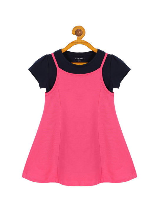 Plum Tree Girls Half Sleeve Super Sister Print Dress with T-shirt( Pack of 2)-NAVY MAGENTA