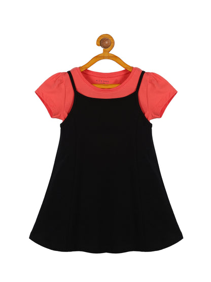 Plum Tree Girls Half Sleeve Unicorn Print Dress with T-shirt( Pack of 2)-CORAL BLACK