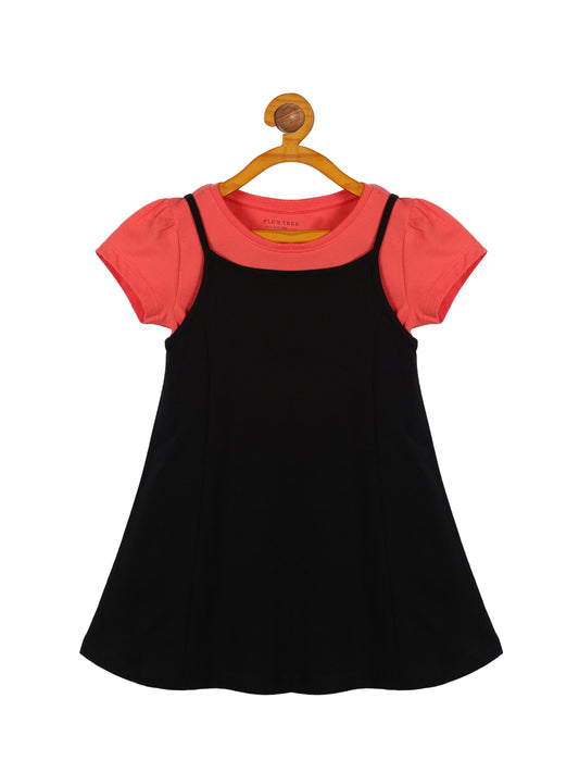 Plum Tree Girls Half Sleeve Unicorn Print Dress with T-shirt( Pack of 2)-CORAL BLACK