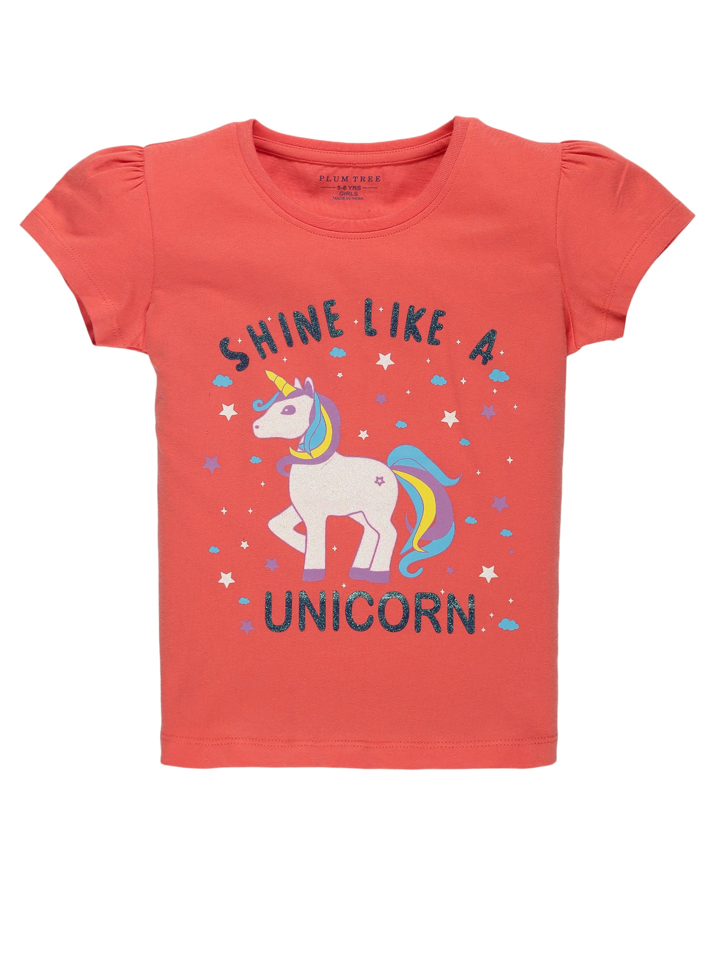 Plum Tree Girls Half Sleeve Unicorn Print Dress with T-shirt( Pack of 2)-CORAL BLACK