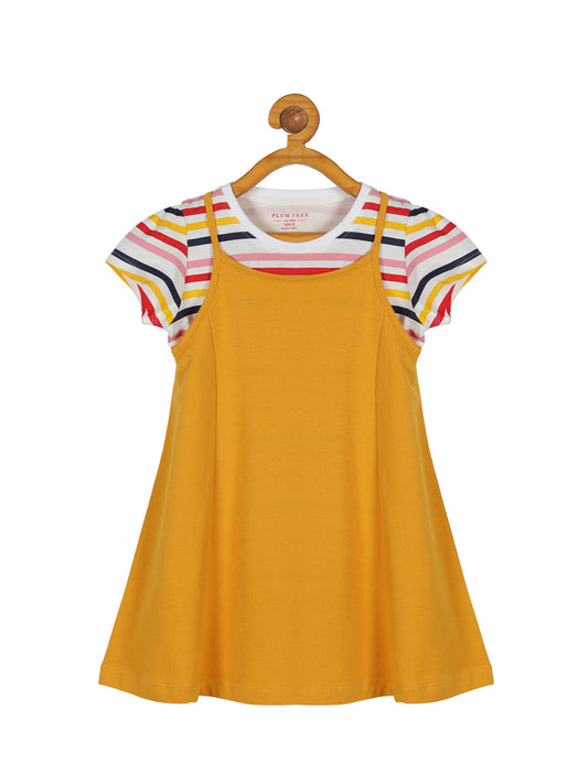 Plum Tree Girls Half Sleeve Stripper Print Dress with T-shirt( Pack of 2)-VANILLA YELLOW