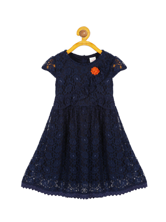 Plum Tree Girls Lace Tie-up Waist Dress-NAVY