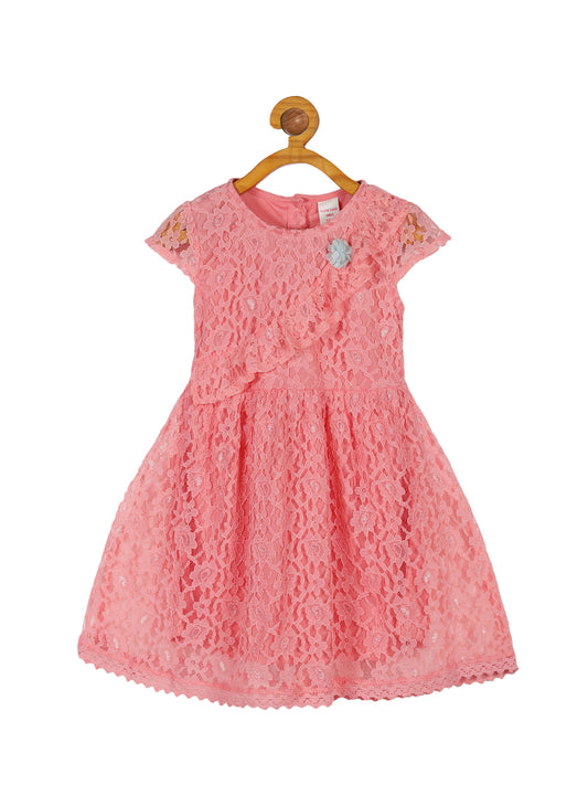 Plum Tree Girls Lace Tie-up Waist Dress-CORAL