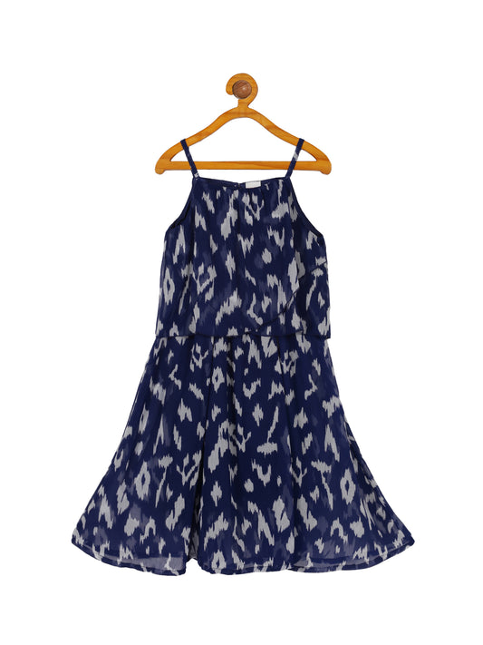 Plum Tree Girls  All over Printed Maxi Flare Dress-NAVY