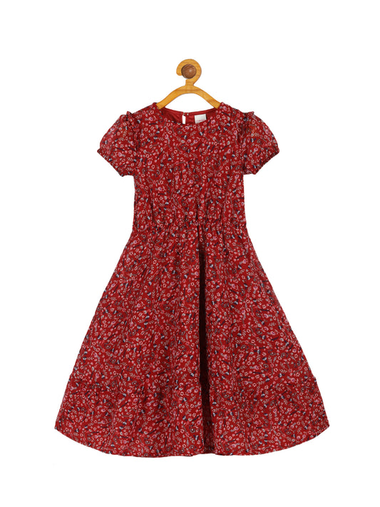 Plum Tree Girls  All over Printed Maxi Flare Dress-RED