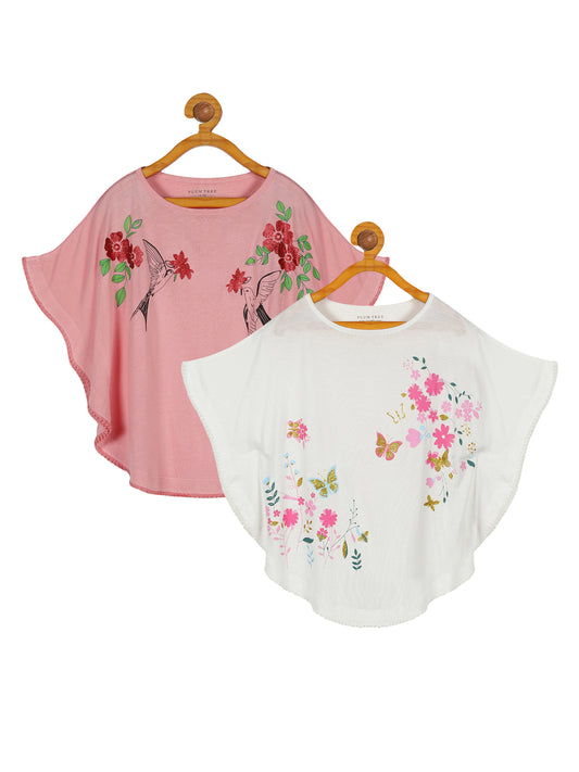 Plum Tree Girls Poncho Flower Print T-shirt( Pack of 2)-WHITE PINK