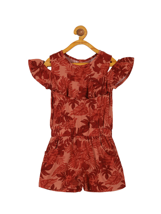 Plum Tree Girls Leaf  Printed Cold Shoulder Jumpsuit -ORANGE