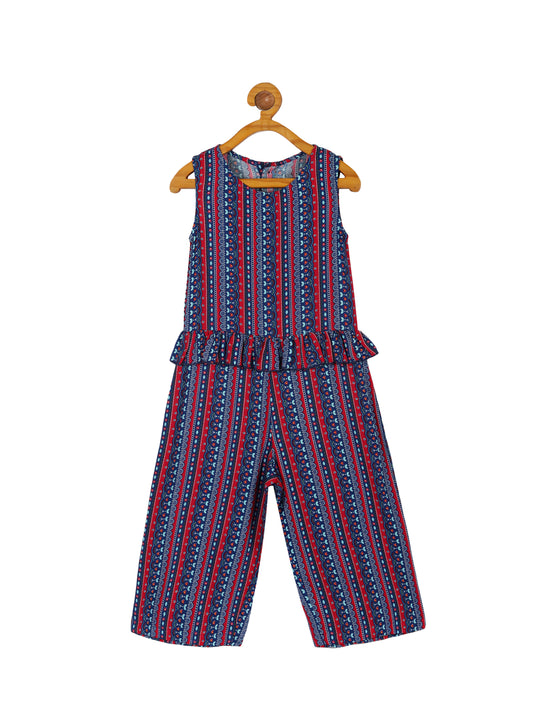 Plum Tree Girls All Over Printed Ruffled Jumpsuit -NAVY