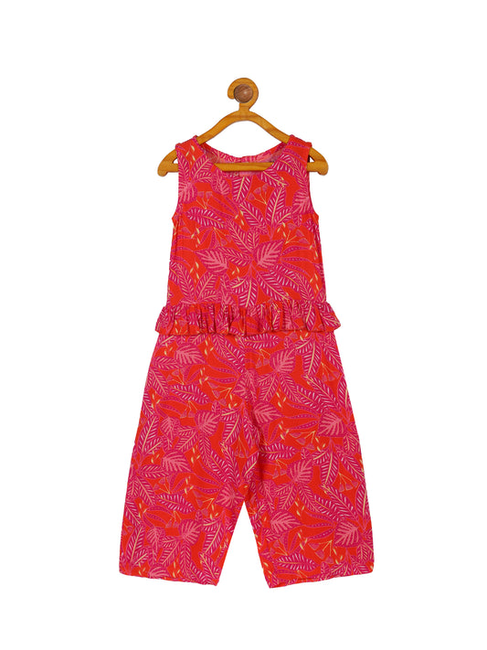 Plum Tree Girls All Over Printed Ruffled Jumpsuit -RED
