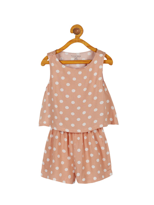 Plum Tree Girls Polka  Printed Ruffled Jumpsuit-PEACH
